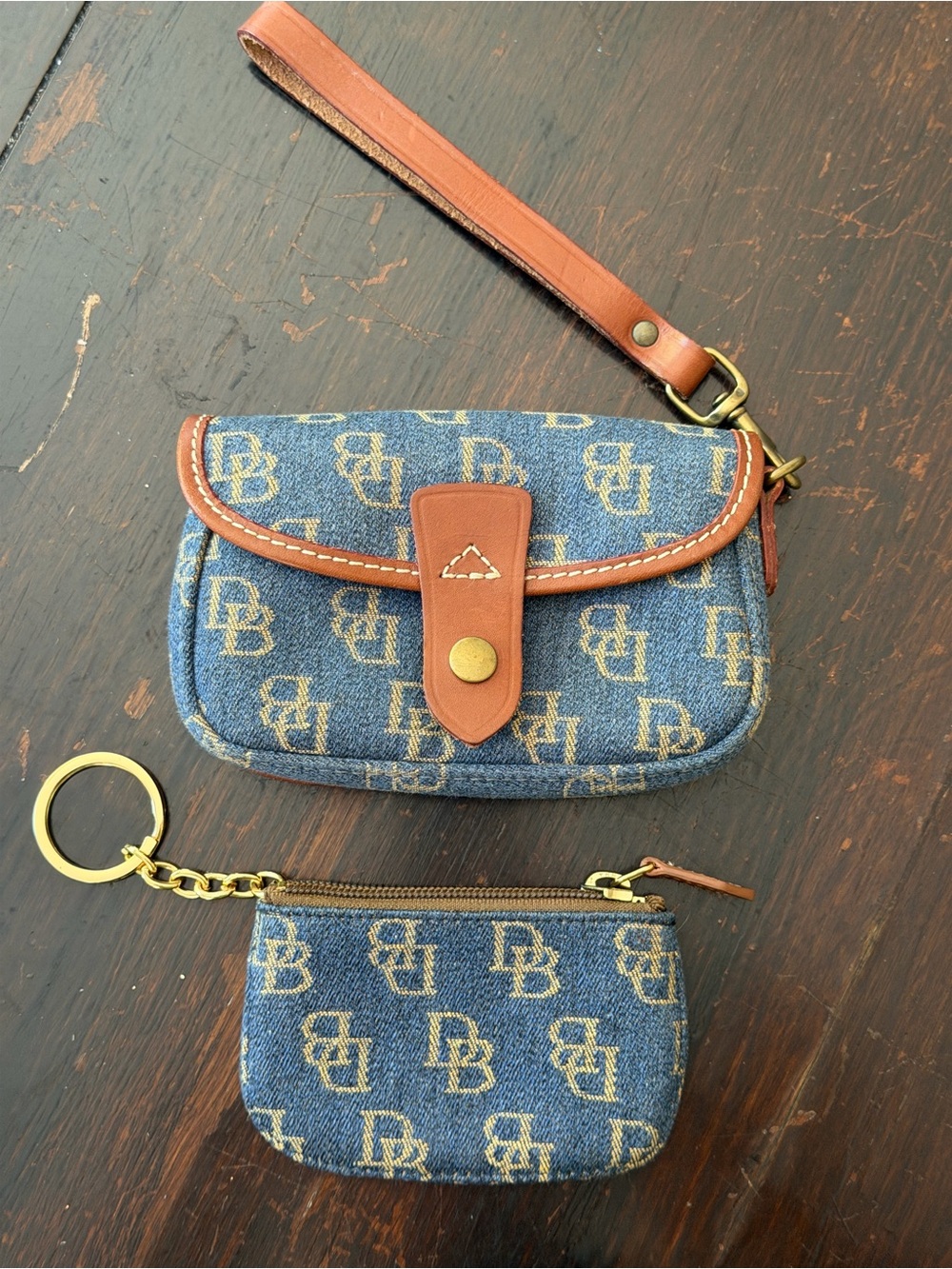 Vintage 90's Dooney & Bourke Denim Logo Wristlet with Leather Strap & Coin purse